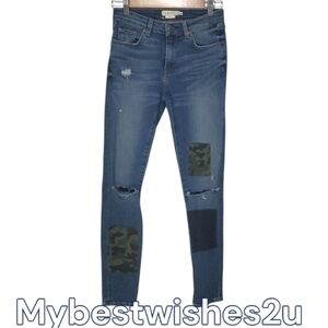 Mm Vintage jeans women's size 2 blue camo patchwork patches ripped holes Grunge